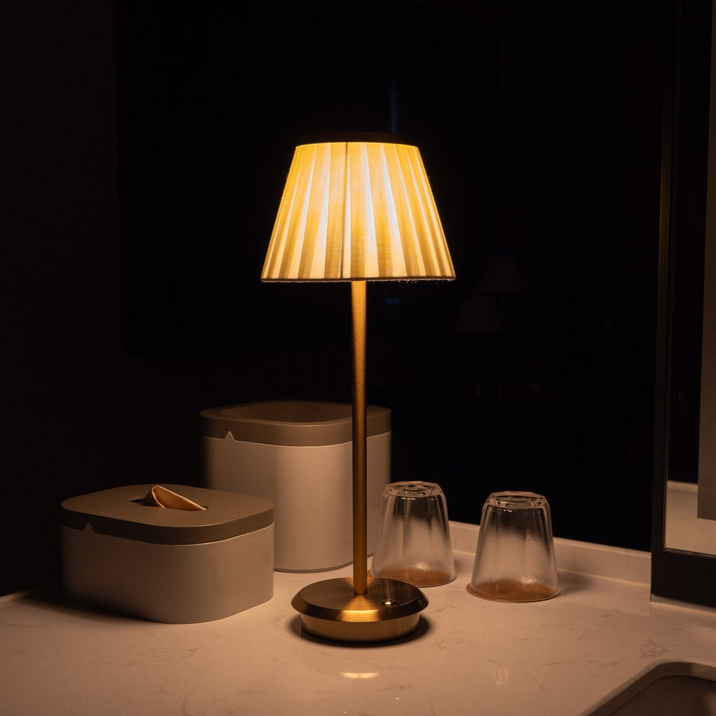 Cordless Fabric Shade Table Lamp – Minimalist – Iron & Fabric – Gold