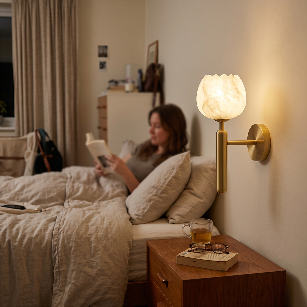 Alabaster Flower Wall Light in bedroom above bedside table - Valentina