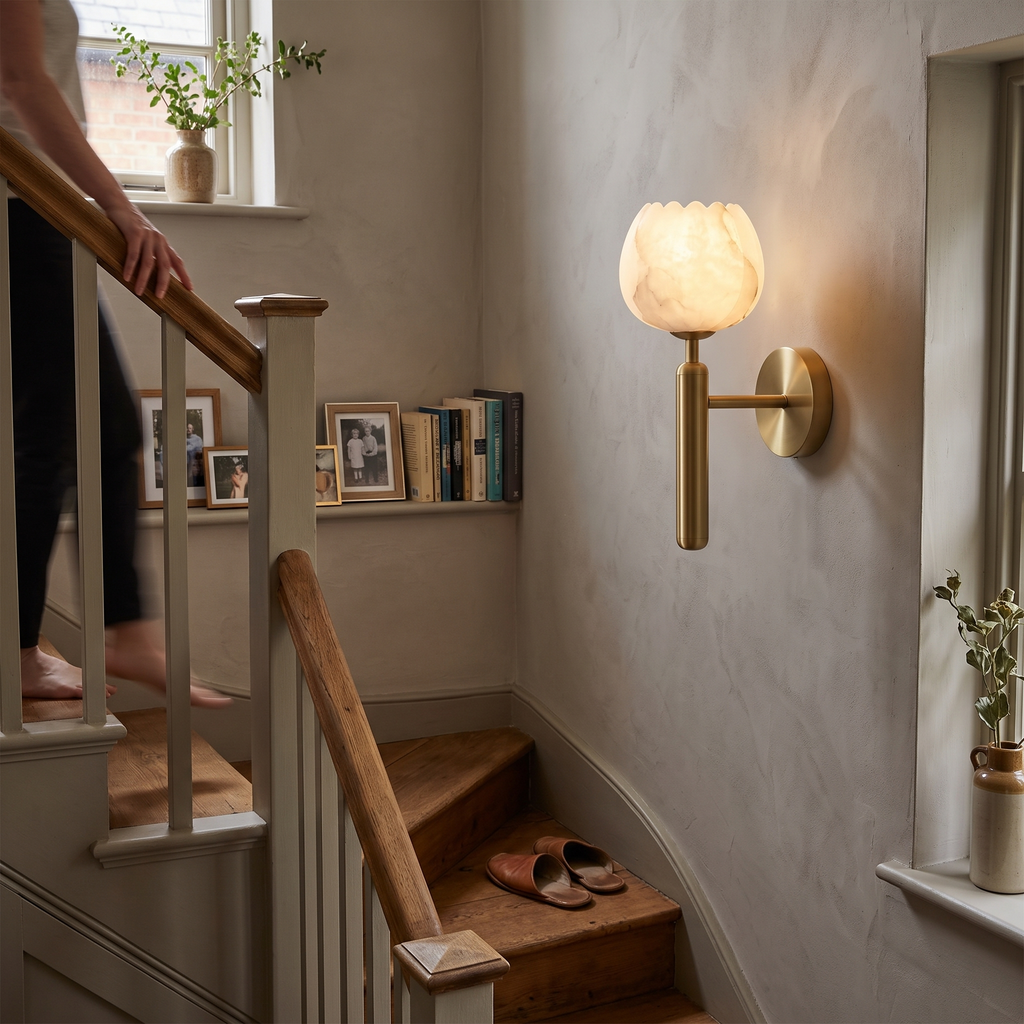 Alabaster Flower Wall Light on staircase wall - Valentina