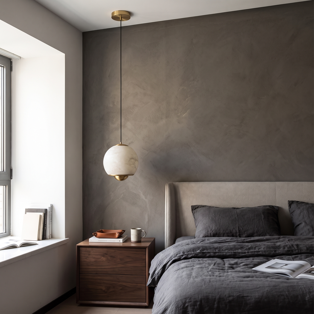 Minimalist alabaster mini pendant light with a gold frame, hanging above a wooden bedside table in a modern bedroom.