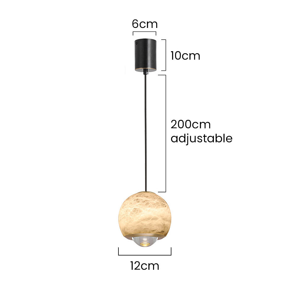 Minimalist alabaster mini pendant light with a black frame, 12cm stone shade, and 200cm adjustable cord dimensions.