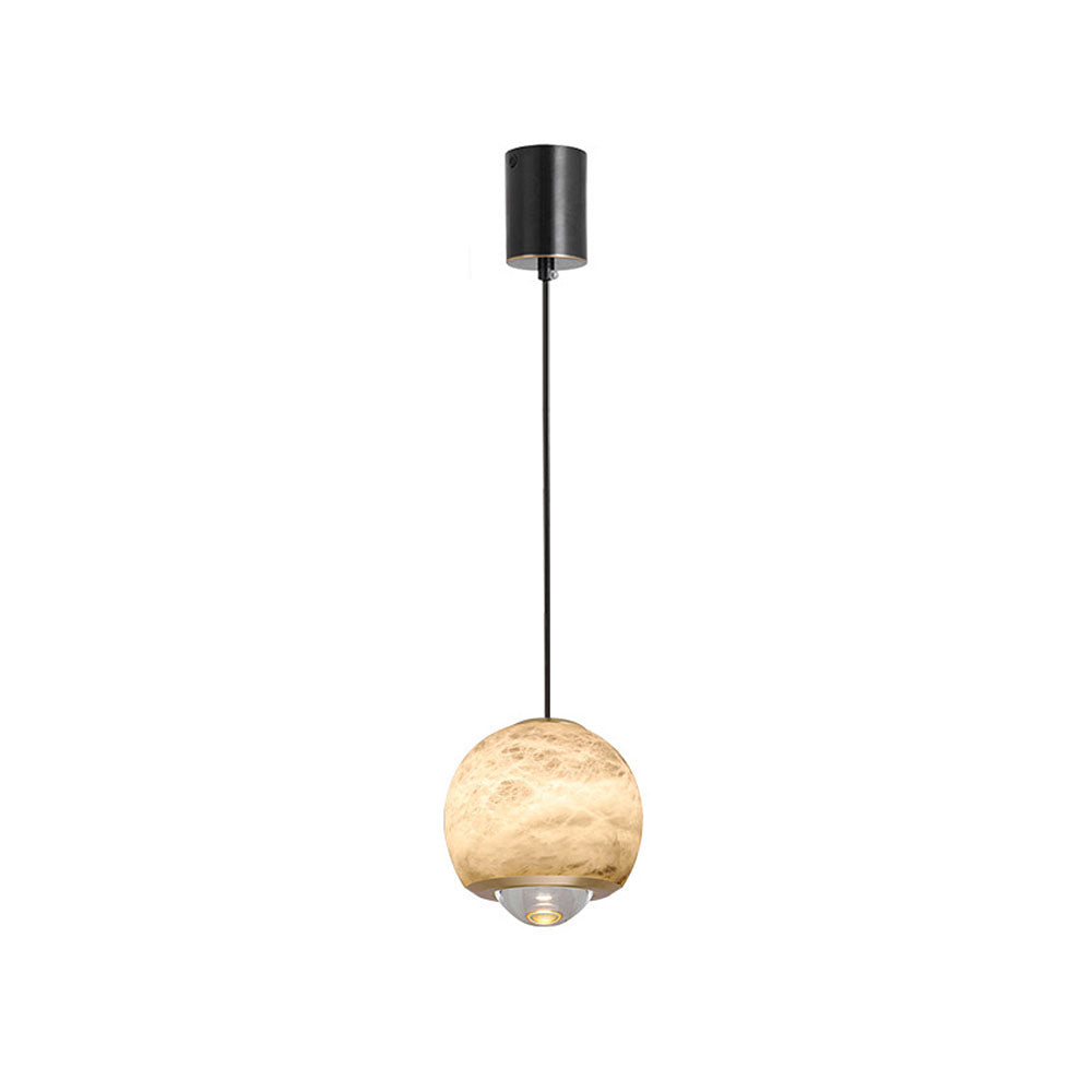 Minimalist mini pendant light with a translucent alabaster stone shade and sleek black metal frame on a white background.