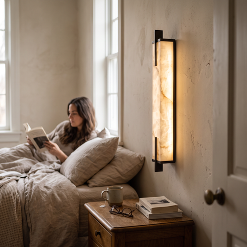 Alabaster Wall Light Vertical in bedroom above bedside table - Zenith