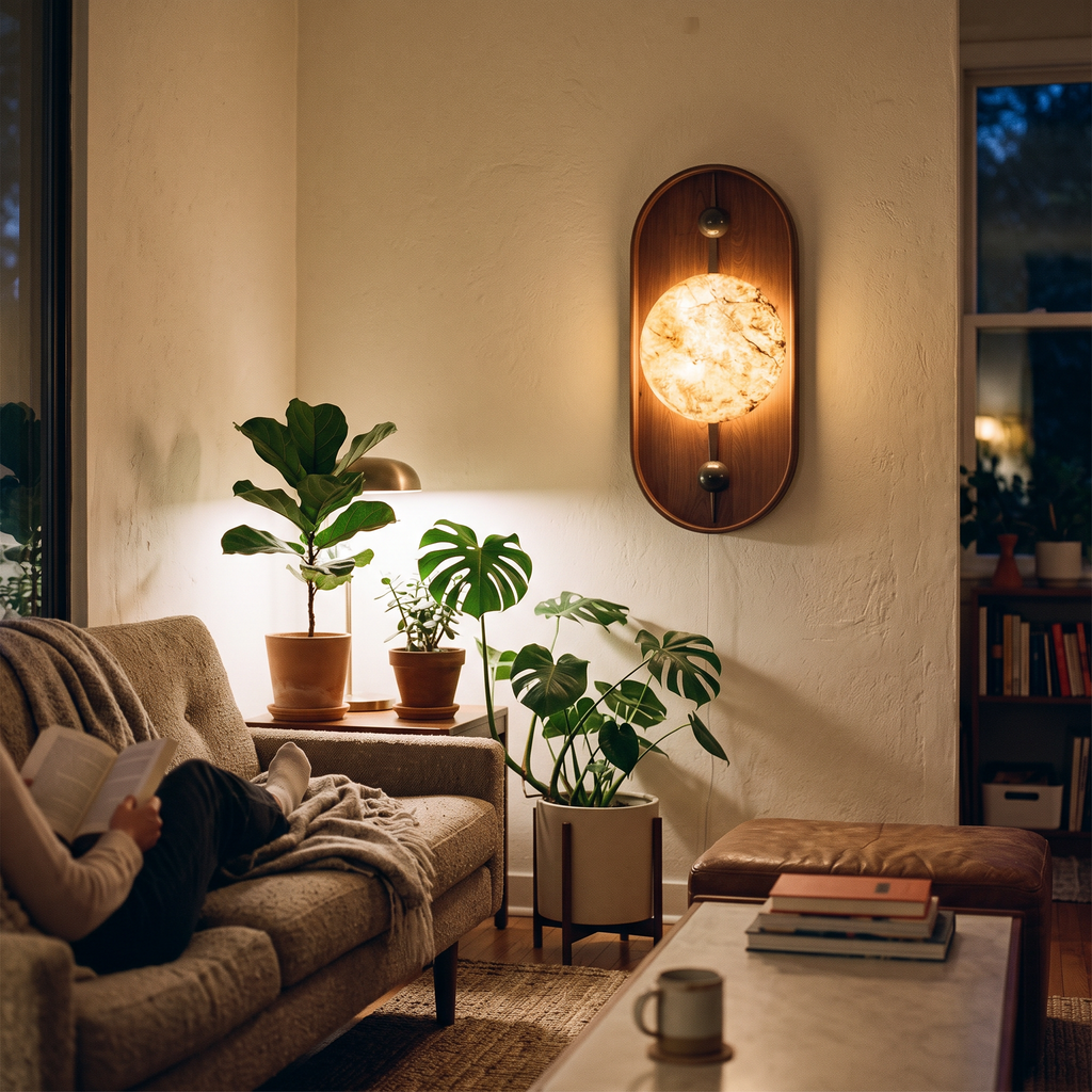 Alabaster Wall Light with Walnut in living room - Driftwood