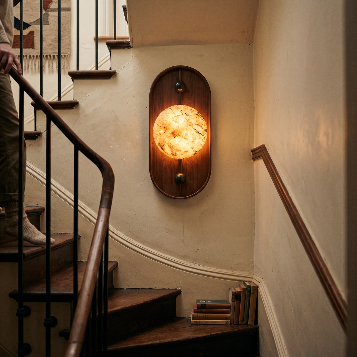 Alabaster Wall Light with Walnut on staircase wall - Driftwood