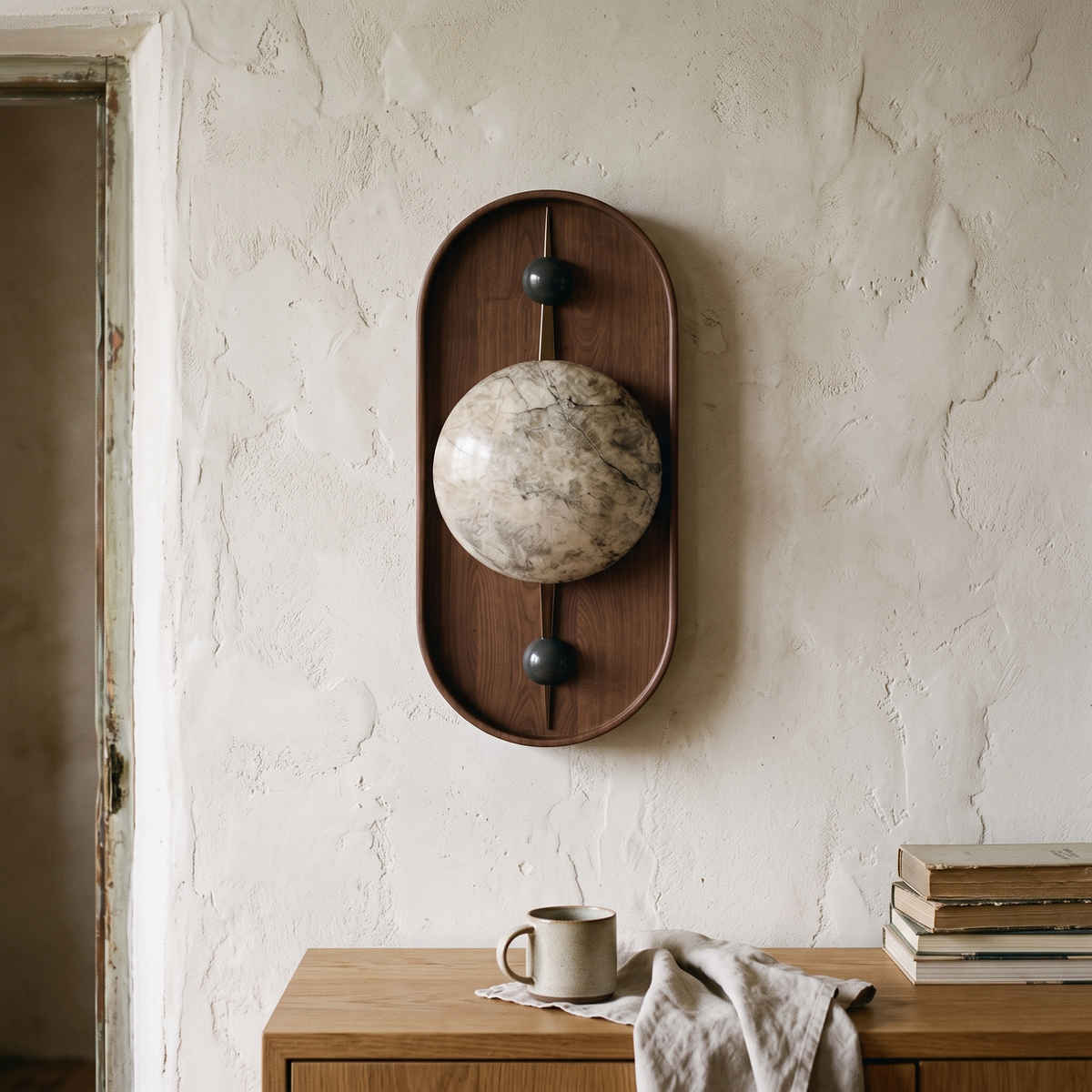Alabaster Wall Light with Walnut detail in daylight - Driftwood