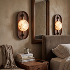 Alabaster Wall Light with Walnut pair styled in interior - Driftwood