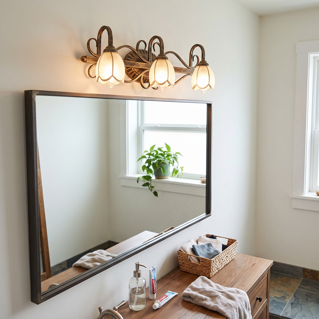 Antique Brass Vanity Wall Light above bathroom vanity - Arisha