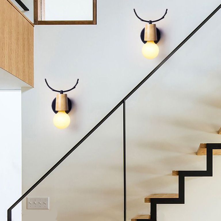 Antler Wall Light – E27 – Rustic – Wood & Glass – Black/White