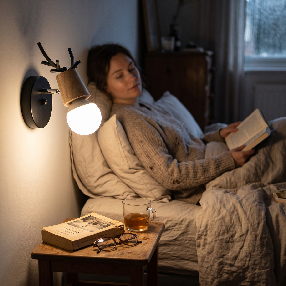 Antler Wall Light Wood and in bedroom above bedside table - Muto