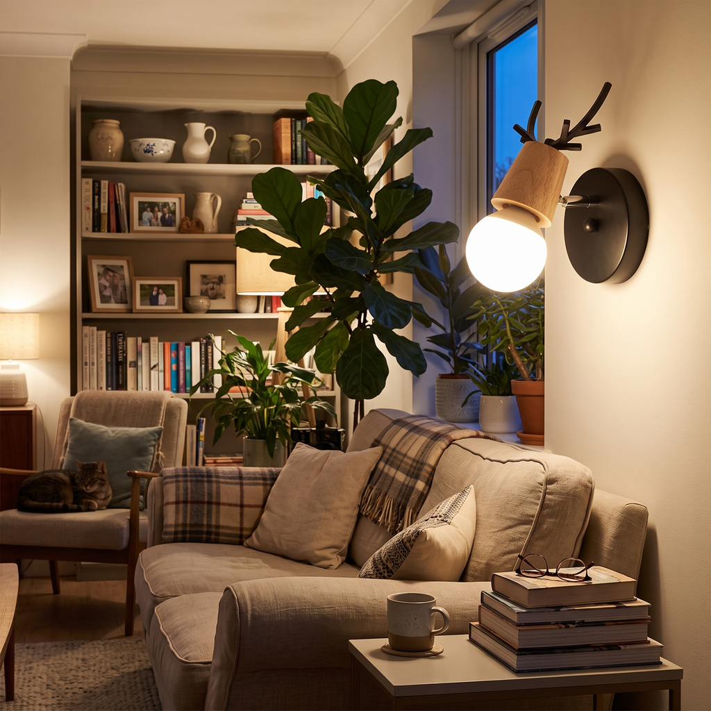 Antler Wall Light Wood and Glass in living room - Muto