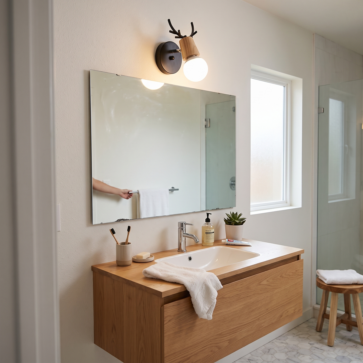 Antler Wall Light Wood and Glass above bathroom vanity - Muto