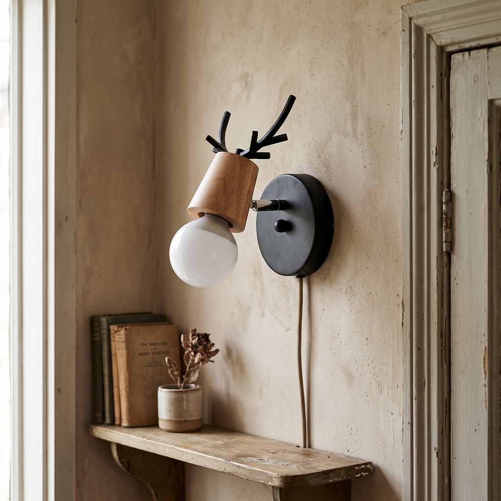 Antler Wall Light Wood and Glass detail in daylight - Muto