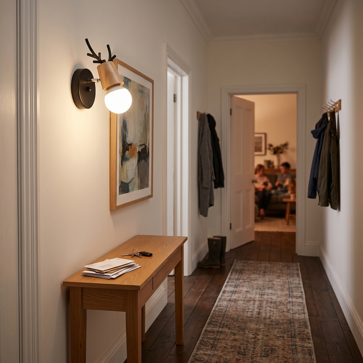 Antler Wall Light Wood and Glass in hallway - Muto