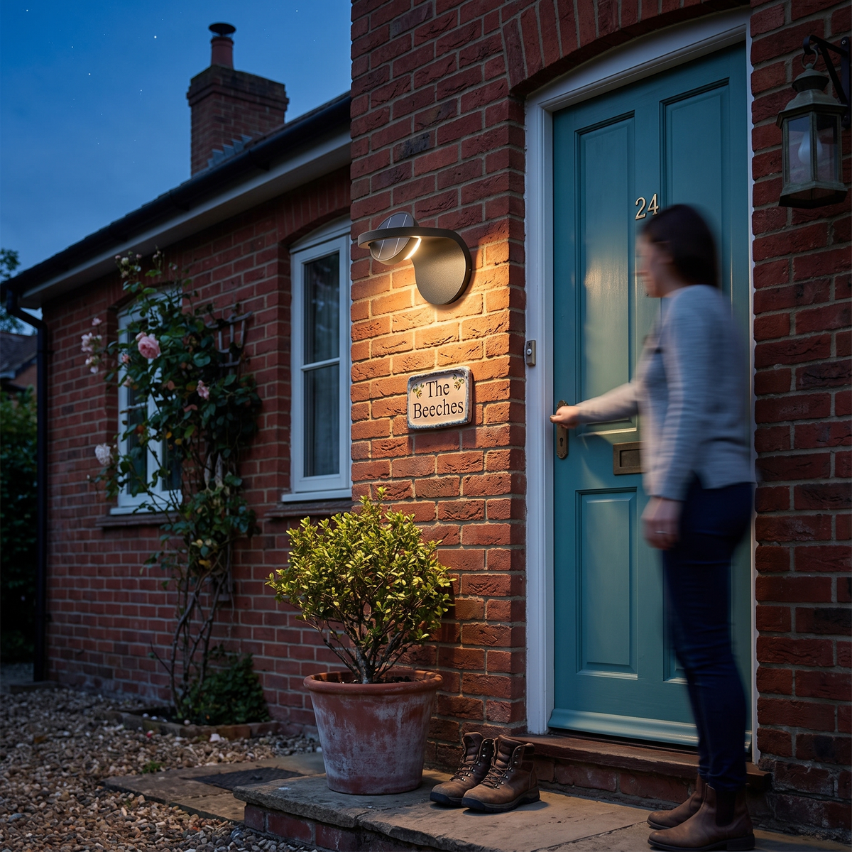 Outdoor Wall Light Adjustable Arc beside front door at dusk - Ray
