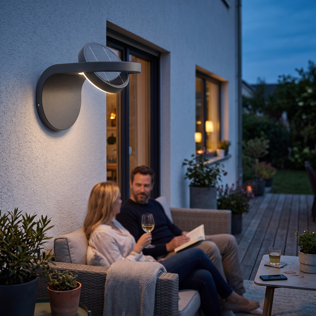 Outdoor Wall Light Adjustable Arc on terrace at blue hour - Ray