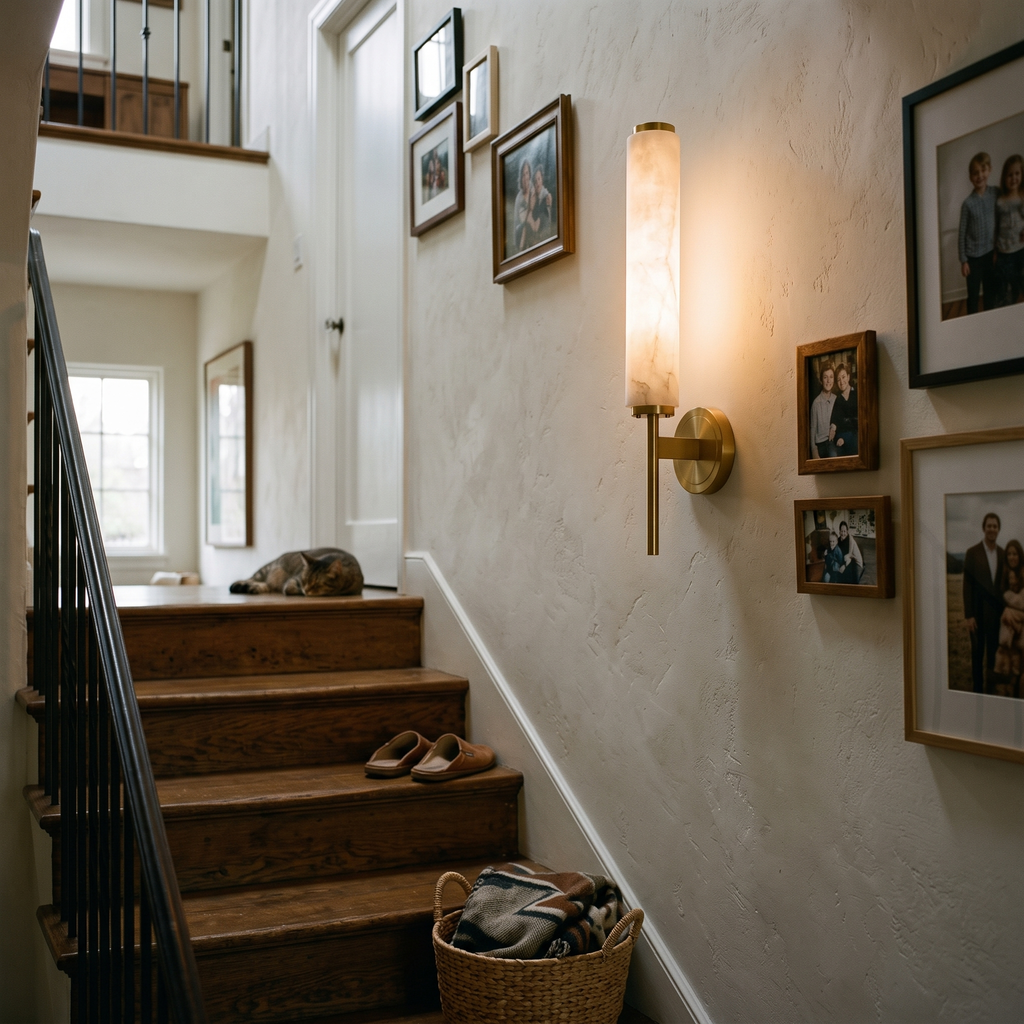 Art Deco Alabaster Wall Light on staircase wall - Kristy