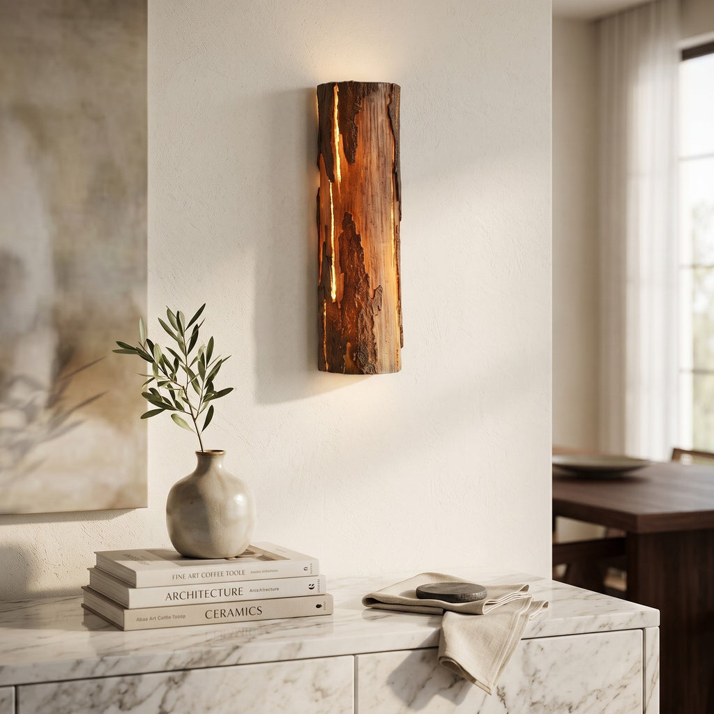 Bark Texture LED Wall Light – Model A in an elegant dining room above a marble sideboard