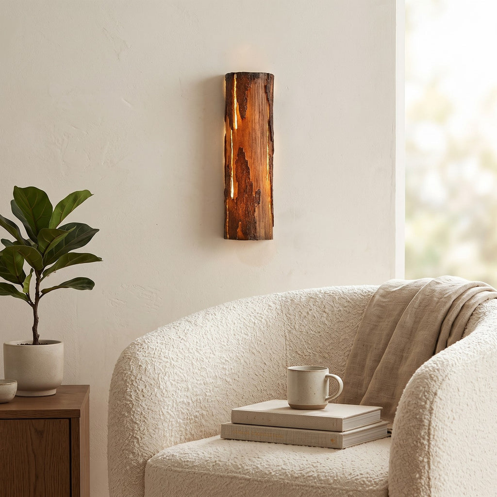 Bark Texture LED Wall Light – Model A in a quiet reading corner above a boucle armchair