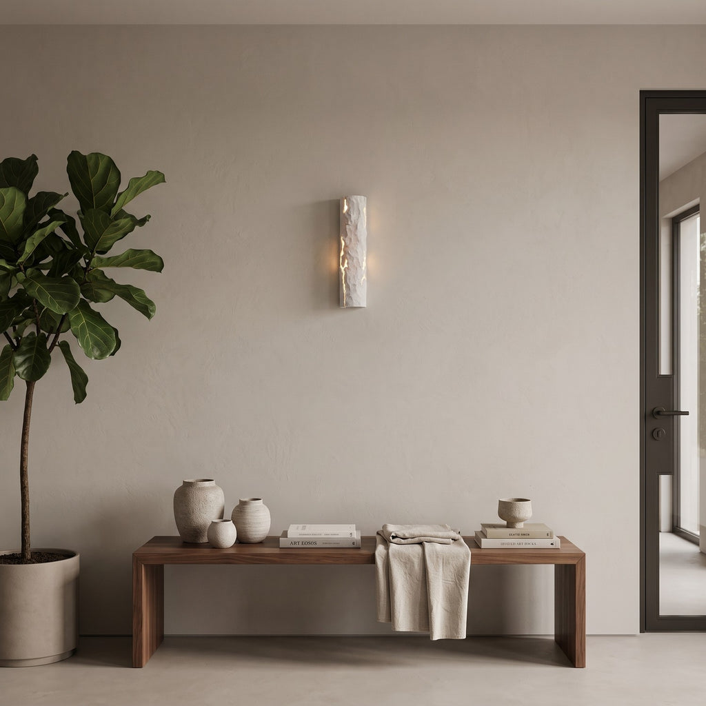 Bark Texture LED Wall Light – Model B in an entrance hall above a slim walnut bench