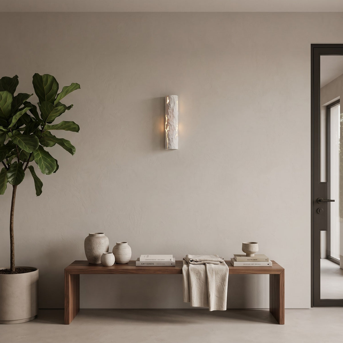 Bark Texture LED Wall Light – Model B in an entrance hall above a slim walnut bench