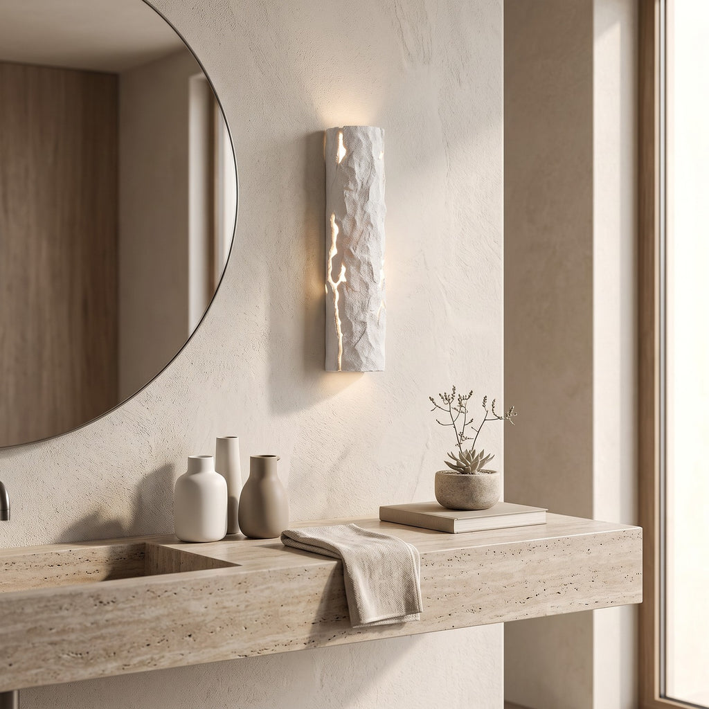 Bark Texture LED Wall Light – Model B in a spa-like bathroom beside a large round mirror and stone vanity