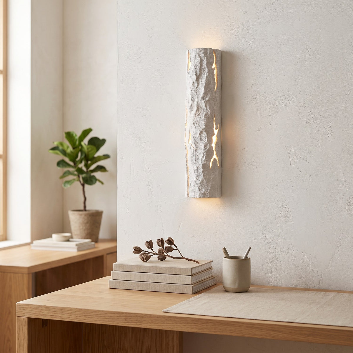 Bark Texture LED Wall Light – Model B in a calm home office above a solid oak desk
