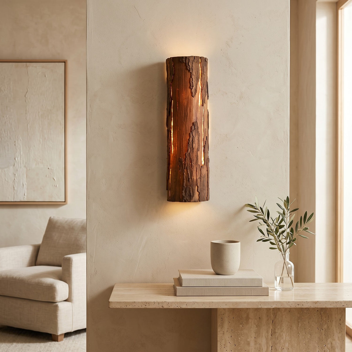 Bark Texture LED Wall Light – Model A in a bright living room above a travertine console