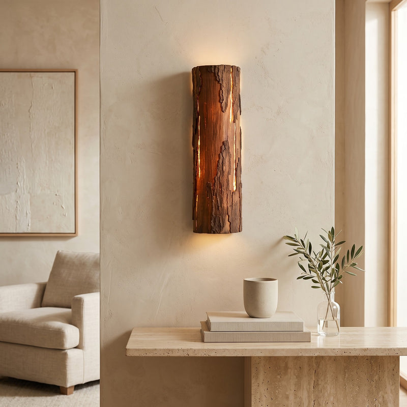 Bark Texture LED Wall Light – Model A in a bright living room above a travertine console