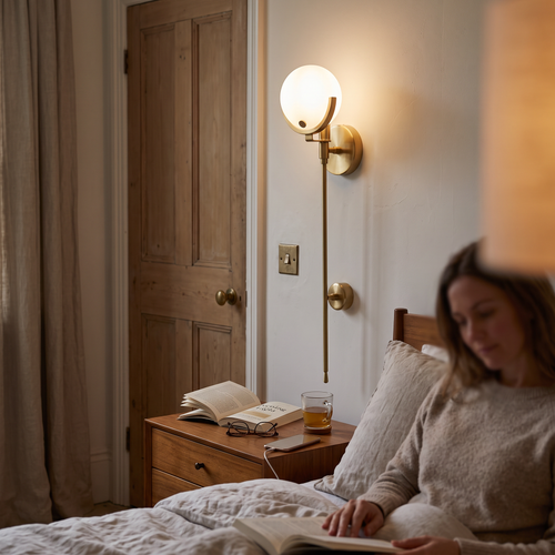 Brass Alabaster Wall Light in bedroom above bedside table - Kristy