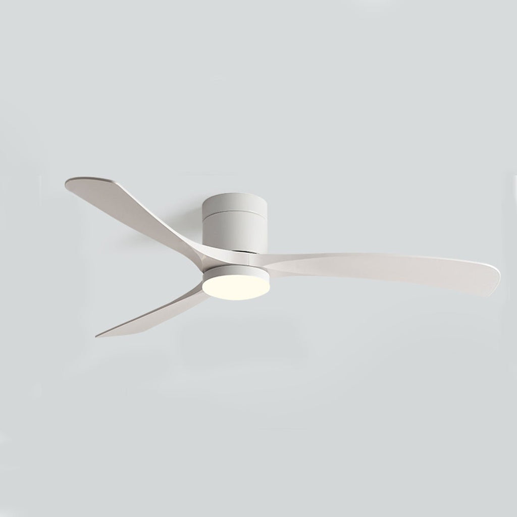 Minimalist white Scandinavian ceiling fan with three slender blades and an integrated LED light fixture.