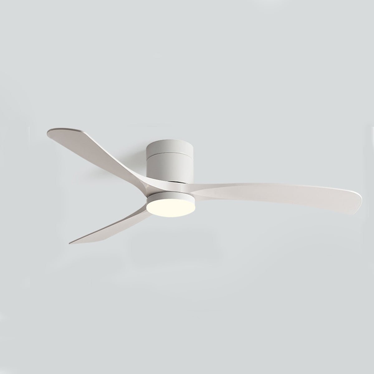 Minimalist white Scandinavian ceiling fan with three slender blades and an integrated LED light fixture.
