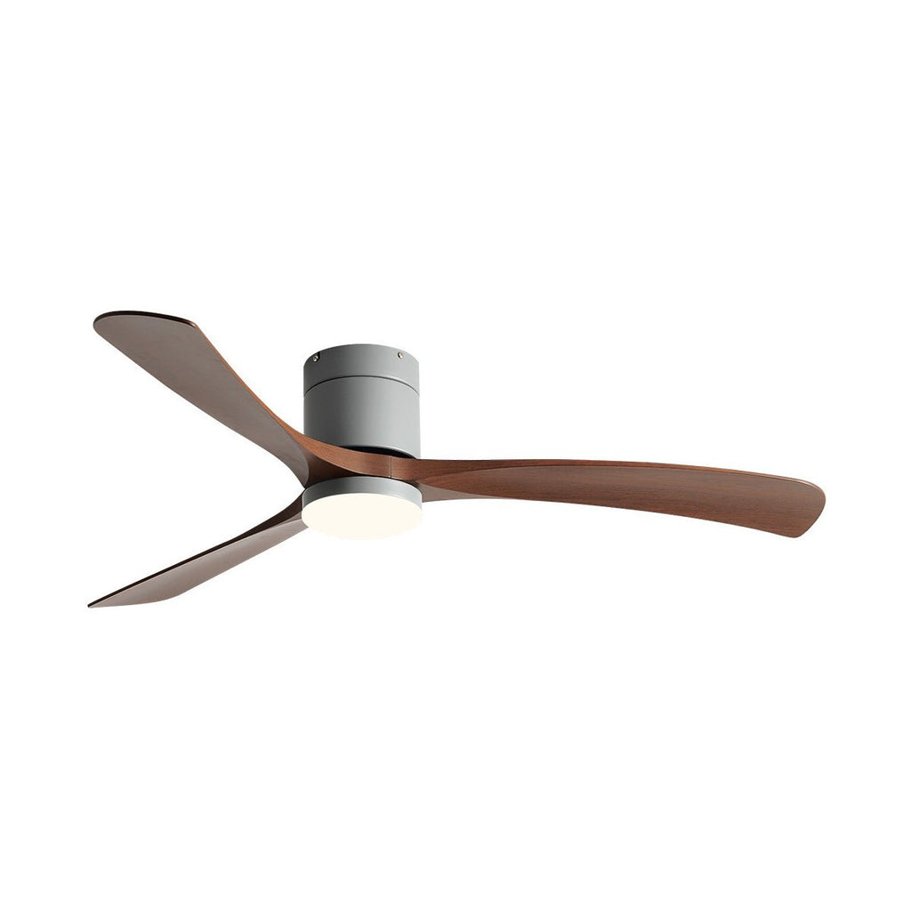 Scandinavian ceiling fan with three dark wood blades, grey motor housing, and an integrated LED light.