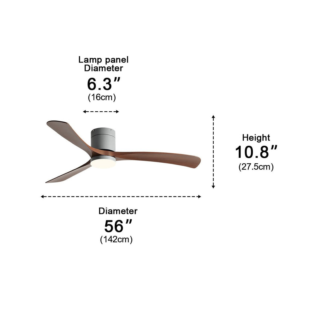 Scandinavian ceiling fan with walnut blades and integrated LED light, showing 142cm diameter and 27.5cm height dimensions.