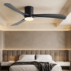 Matte black Scandinavian ceiling fan with integrated LED light in a modern bedroom.