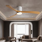 Scandinavian ceiling fan with three light wood blades, white motor housing, and integrated LED light in a modern living room.