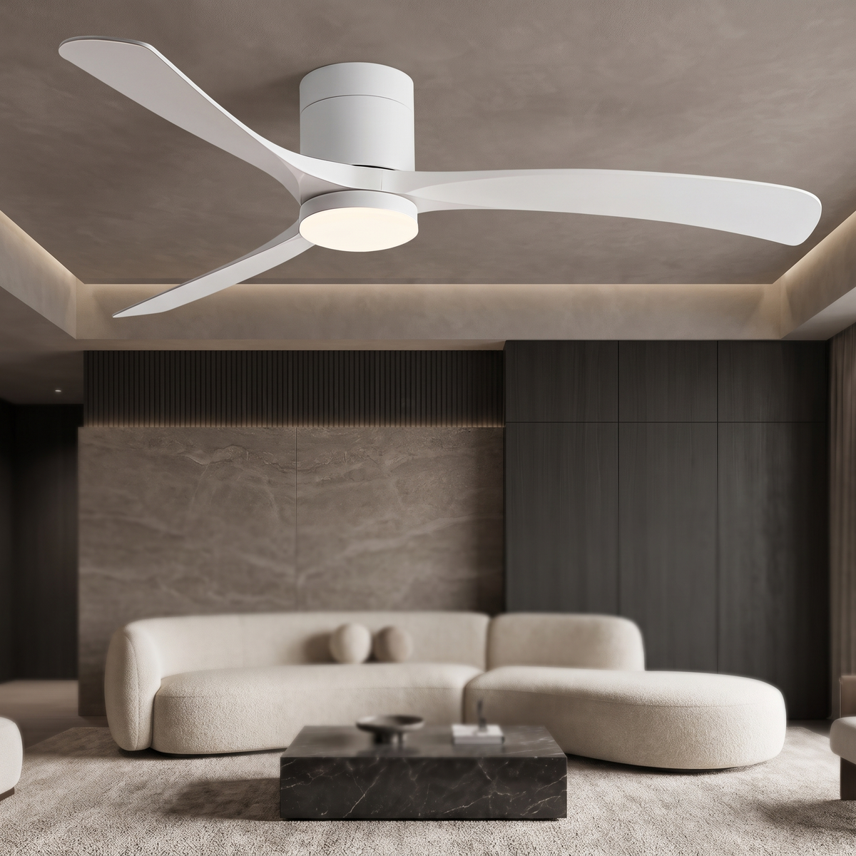 Minimalist white Scandinavian ceiling fan with integrated LED light and three slender blades in a modern living room.