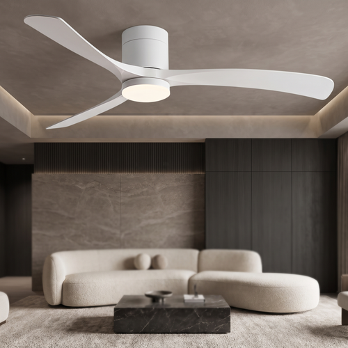 Minimalist white Scandinavian ceiling fan with integrated LED light and three slender blades in a modern living room.