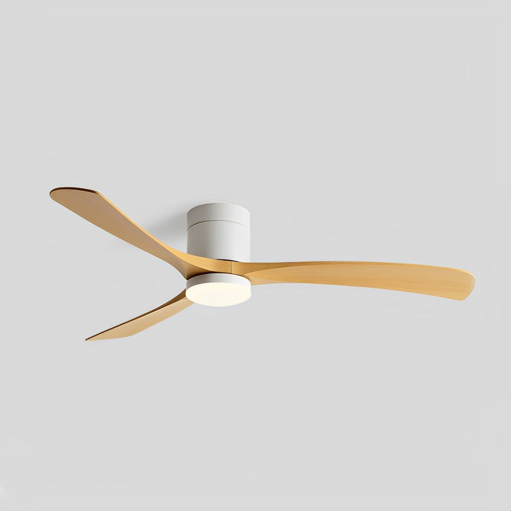 Scandinavian ceiling fan with light, featuring three curved light wood blades and a minimalist white motor housing.