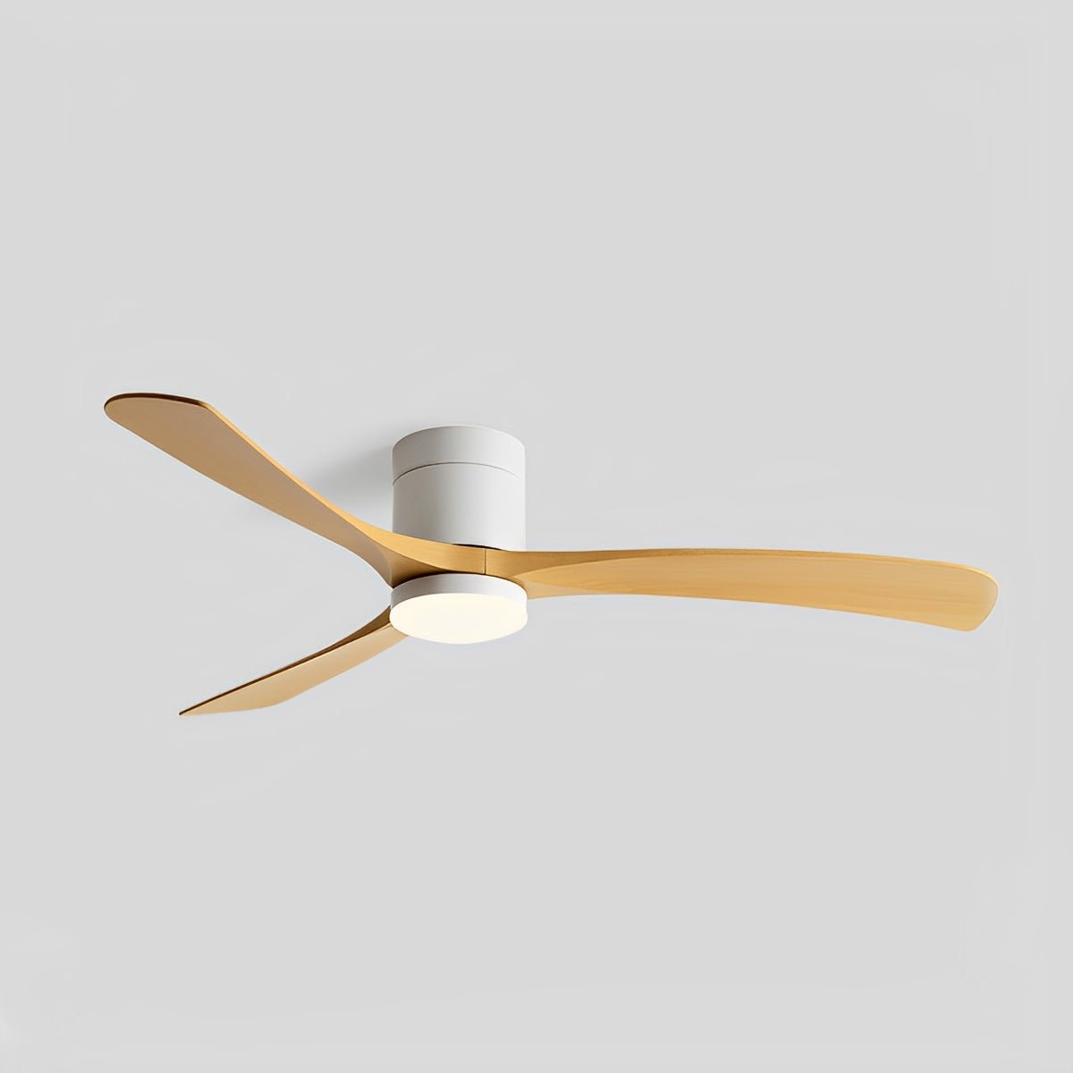 Scandinavian ceiling fan with light, featuring three curved light wood blades and a minimalist white motor housing.