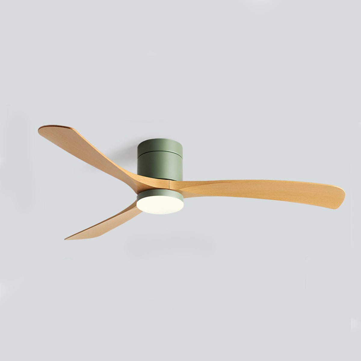 Scandinavian ceiling fan with sage green motor, light wood blades, and an integrated LED light fixture.
