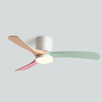 Scandinavian ceiling fan with integrated LED light and three-blade multicolor pastel design on a white mount.