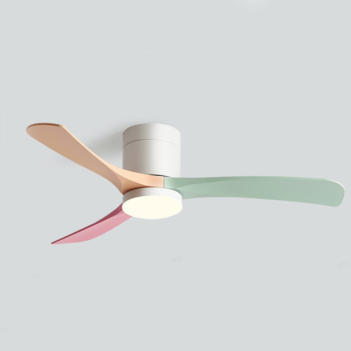 Scandinavian ceiling fan with integrated LED light and three-blade multicolor pastel design on a white mount.