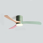 Scandinavian ceiling fan with integrated LED light, featuring three multicolored blades in green, peach, and pink tones.