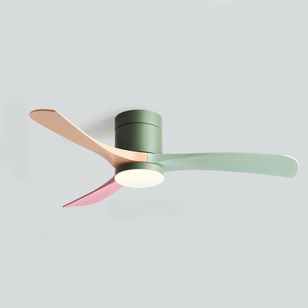 Scandinavian ceiling fan with integrated LED light, featuring three multicolored blades in green, peach, and pink tones.