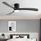 Matte black Scandinavian ceiling fan with three slender blades and an integrated LED light in a modern bedroom.
