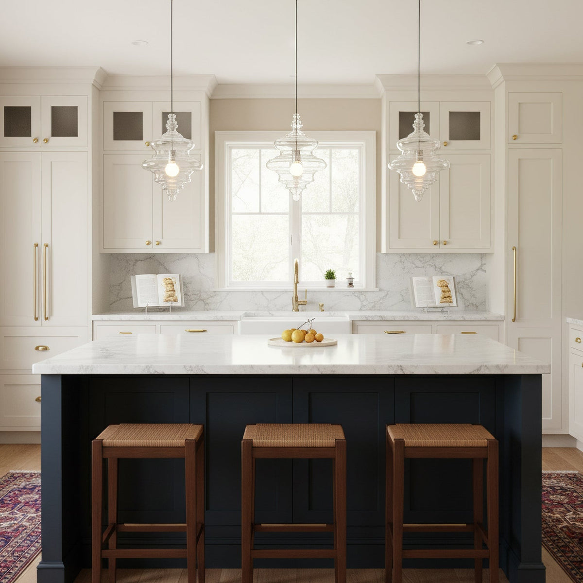 Three sculptural clear glass pendant lights with rippled silhouettes hanging over a kitchen island with dark blue cabinetry.