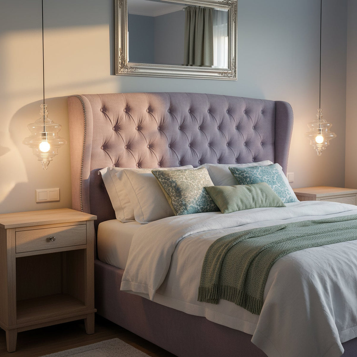 Sculptural clear glass pendant light with rippled texture hanging above bedside tables in a modern bedroom.