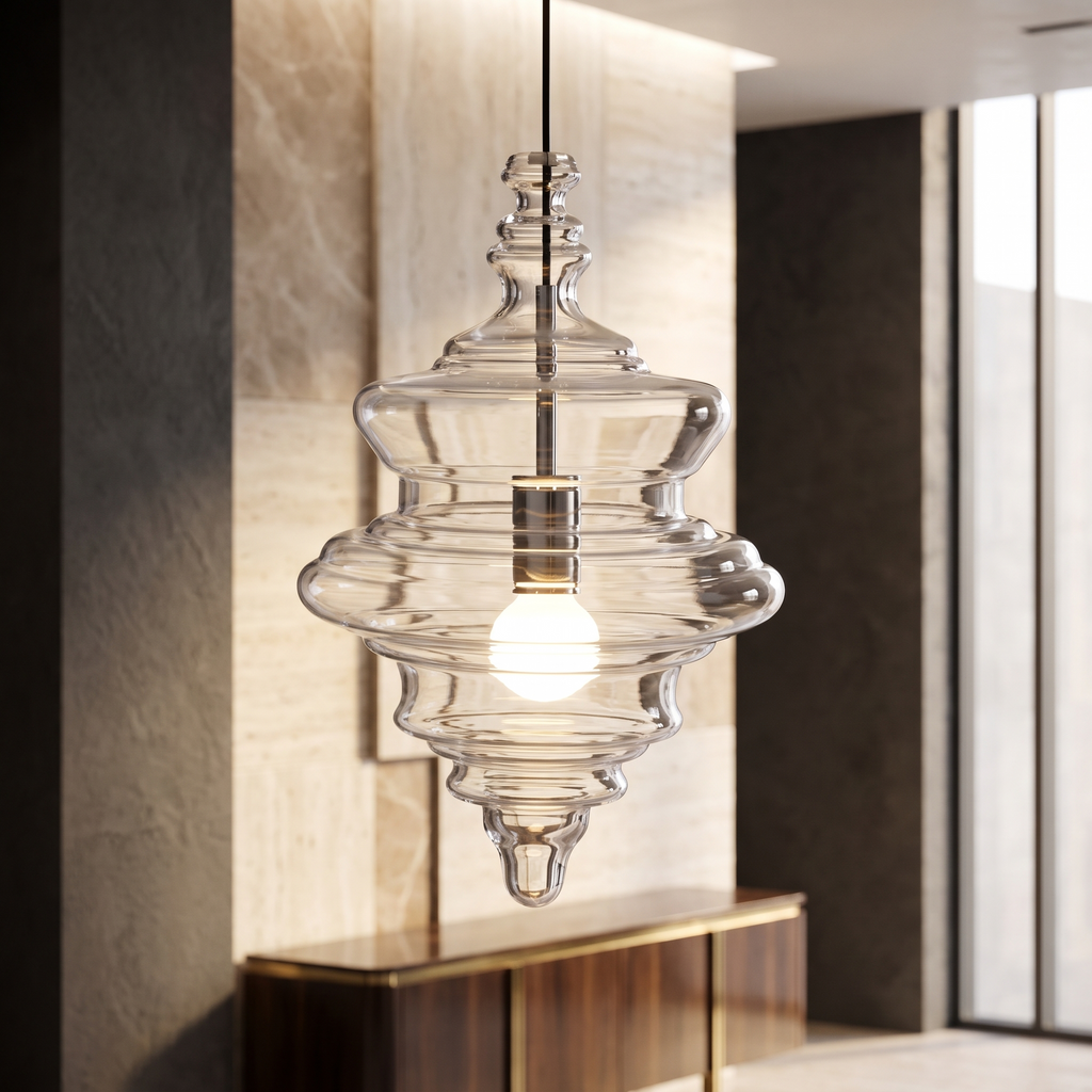 Sculptural clear glass pendant light with a rippled, theatre-inspired silhouette and a warm glowing filament bulb.