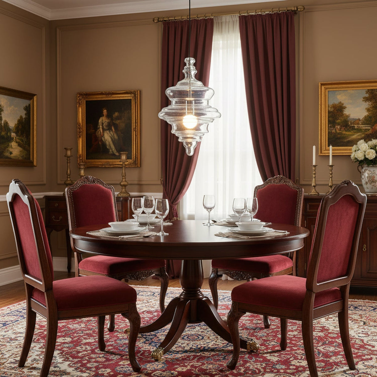 Sculptural clear glass pendant light with rippled texture hanging above a traditional dining table with red velvet chairs.